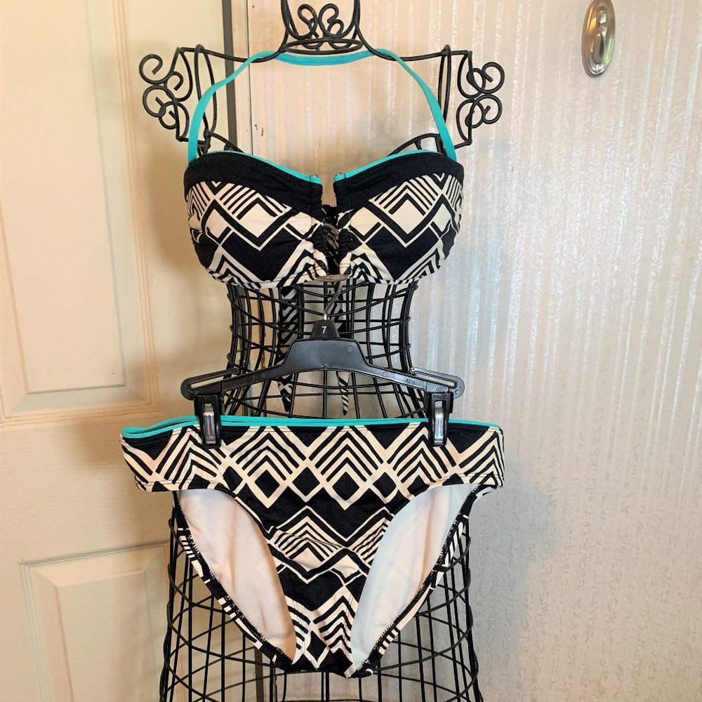 WOMENS - sz 6 A.N.A 2pc Bikini Swimsuit bandeau Black White Teal Geometric print